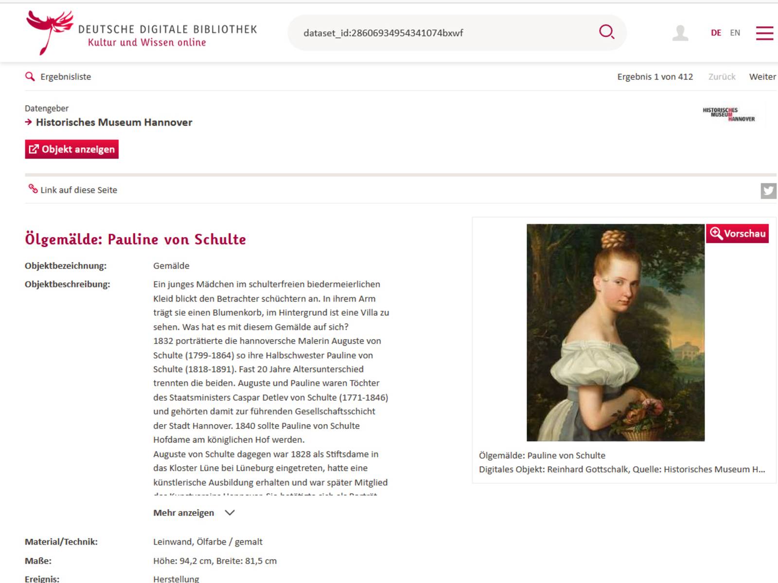 screenshot einer Museumsseite, Ölgemälde Pauline von Schulte